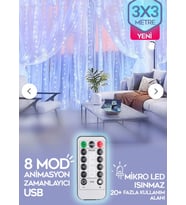 Beyaz Perde Led 3x3 Metre Kumandalı 8 Mod Ambiyans Ayarlabilir Boy Dekor Mikro Led Işık Perde