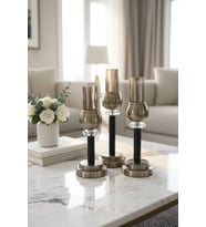 METAL KRİSTAL TAŞLI BRONZ 3'LÜ CAM MUMLUK ŞAMDANLIK SETİ