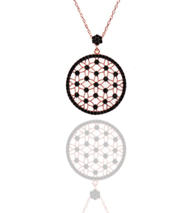 925 Ayar Otantik Yaşam Çiçeği Siyah Taşlı Gümüş Kolye (Rose - Gold)