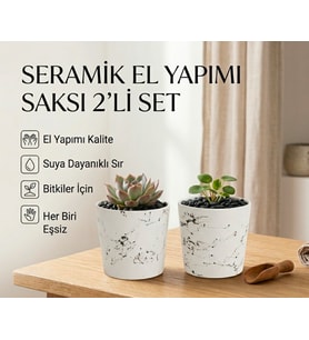 NeWme 2’li Seramik Saksı / Dekoratif Kupa Seti Beyaz Siyah Desenli Modern Dekoratif El Yapımı Tasarım - 10 cm