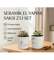 NeWme 2’li Seramik Saksı / Dekoratif Kupa Seti Beyaz Siyah Desenli Modern Dekoratif El Yapımı Tasarım - 10 cm
