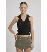 Kadın Polo Yaka Sırt Dekolteli Crop Bluz