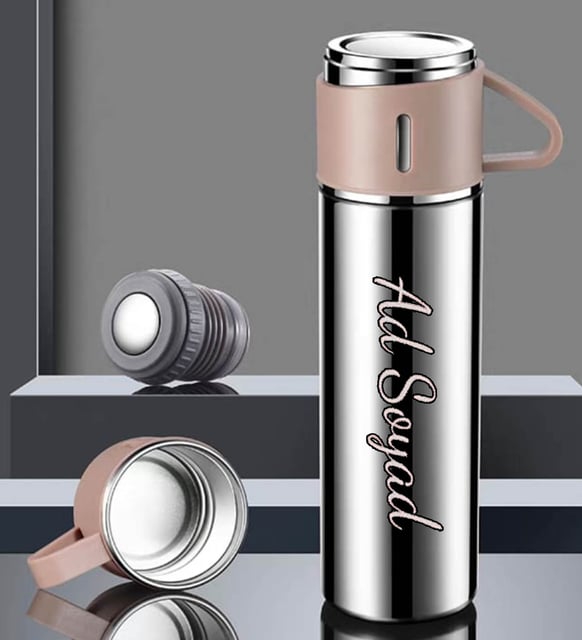 Kişiye Özel İsimli Luxery Tasarım 500 ML Bardaklı Paslanmaz Çelik Silver Termos