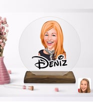 BK Gift Kişiye Özel Kadın Karikatürlü Yuvarlak Ahşap Standlı Biblo-75