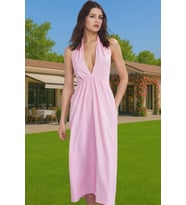 Maxi Bubble Krep Dokuma Plaj Elbisesi V Yaka Yazlık Modern Stil Rahat Kullanım Rahat Ve Şık (Pembe)