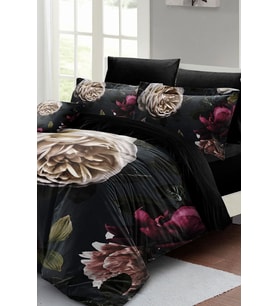Çift Kişilik ( Lastikli Çarşaflı ) %100 Pamuk Saten Nevresim Takımı Black Flower