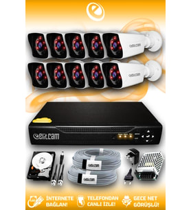 ELITCAM 10 Kameralı Kare 10 Dış Kamera Set 320 GB HDD Full HD Gece Görüşlü Güvenlik Kamerası Sistemi