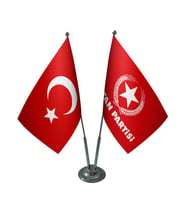 Masa Üstü Vatan Partisi Bayrağı Türk Bayrağı İkili Krom Direk Masa Bayrak Seti