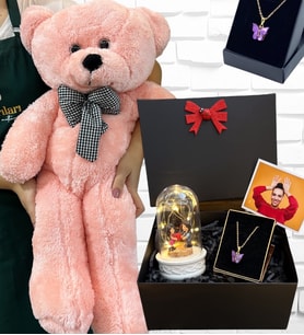 Büyük Boy Pembe Peluş Ayıcık ve Kelebek Kolyeli Fotoğraflı Hediye Kutusu - Premium Set (Model 6)