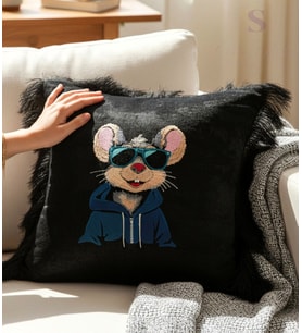 TAVŞAN Nakışlı Kadife Siyah Kırlent Kılıfı (1 adet İÇİ DOLGULU 43 X 43 CM) (Çok Renkli)