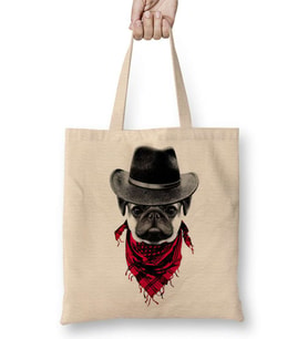 Kovboy Pug Köpek Bez Çanta Uzun Saplı