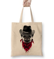 Kovboy Pug Köpek Bez Çanta Uzun Saplı
