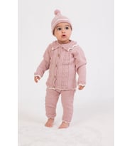 3024 Wofim Kız Bebek Natural Düğme Taş Detaylı 3'lü Triko Düğmeli Hırkalı Takım (Gül Kurusu)