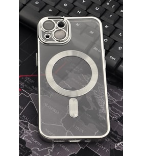 iPhone 14 Uyumlu MagSafe Özellikli Gümüş Gri Silver Renkli Kenarlı Lazerli Şeffaf Kılıf Lens Korumalı (Renksiz)