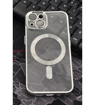 iPhone 14 Uyumlu MagSafe Özellikli Gümüş Gri Silver Renkli Kenarlı Lazerli Şeffaf Kılıf Lens Korumalı (Renksiz)