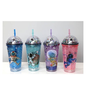 Sevimli Astronot Işıklı Pipetli Pullu Suluk & Bardak 400 Ml Alk3148