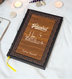 İstanbul Desenli Termo Deri + Ahşap Anı Defteri - Çizgili Defter - Hediyelik (17x24 cm- 320 Sayfa)
