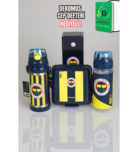 "DEKOMUS CEP DEFTERİ HEDİYELİ" LİSANSLI FENERBAHÇE 3'LÜ BESLENME SETİ 500 ML ÇELİK VE TRITAN MATARA İLE BESLENME KABI SETİ 1907 (Krem)