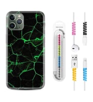Apple iPhone 11 12 13 14 Pro Max Kılıf Kablo Koruma Spiral Silikon Yeşil Şerit Mermer 1320