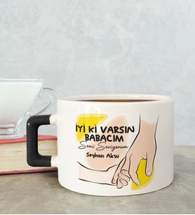BK Gift Kişiye Özel Babalar Günü Tasarımlı Siyah Kulplu Çay & Kahve Fincanı-9, Babaya Hediye, Babalar Günü Hediyesi