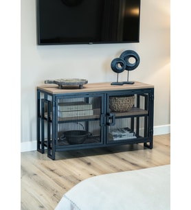 DEKORATİF METAL GÖVDELİ AHŞAP RAFLI TV ÜNİTESİ 3 RAFLI 2 KAPAKLI TV SEHPASI 90 x 30 CM TELEVİZYON ÜNİTESİ