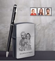Kişiye Özel Yılbaşı Aile Karikatürlü Siyah Çakmak Kalem Hediye Seti Model-3 (Model 1)
