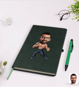 BK Gift Kişiye Özel Bruce Lee Karikatürlü Yeşil Termo Deri Defter Kalem Seti Model 1