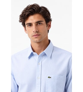 Lacoste Men's Regular Fit Shirt Organik Pamuk Çizgili Erkek Gömlek Açık Mavi