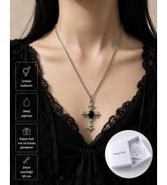 Siyah Taş Detaylı Gotik Haç Kolye – Alternatif Stil Unisex Zincir Kolye