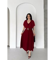 Neşeli butik kadın bordo şifon kol detaylı V yaka kemerli midi boy elbise ----NBK085