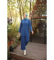O Yaka Kısa Tunik Pantolon Sade İkili Tesettür Eşofman Takımı - (38-46) - 71219 - İndigo