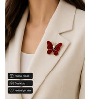 Kırmızı Butterfly Kadın Broşu İnci Detaylı Zarif Tasarım Hediye Aksesuarı