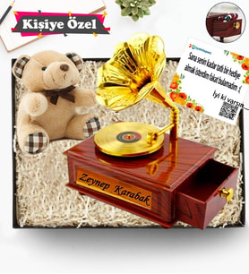Kişiye İsme Özel Nostaljik Gramafon Hareketli Müzik Kutusu & Mini Peluş Ayıcık