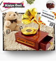Kişiye İsme Özel Nostaljik Gramafon Hareketli Müzik Kutusu & Mini Peluş Ayıcık
