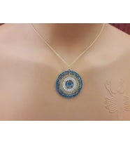 Yuvarlak Zirkon Taşlı Nazarlık Kolye (Lacivert-Beyaz)