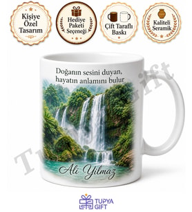 Şelale Temalı Doğa Sever Baskılı Kupa Bardak Doğa Hediye Porselen Mug