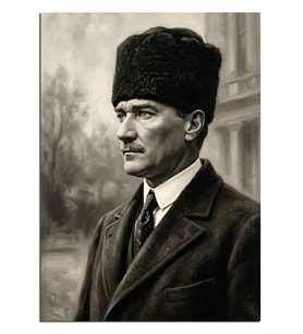 Kalpaklı Atatürk Siyah Beyaz Portre Dekoratif Kanvas - Mdf Ahşap Tablo