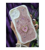 Iphone 11 Uyumlu Kalpli Pembe Simli İnci ve Kurdele Detaylı Şık Telefon Kılıfı
