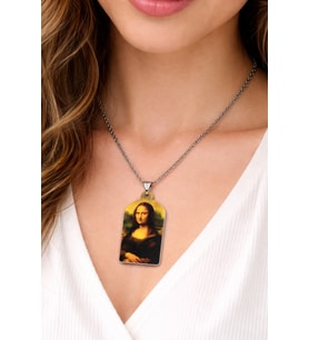 Mona Lisa Baskılı Metal Kolye Gümüş Renk Zincir Unisex Sanat Tasarım