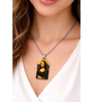 Mona Lisa Baskılı Metal Kolye Gümüş Renk Zincir Unisex Sanat Tasarım