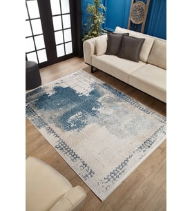 Mavi Ekru Eskitme Halı Modern Soyut Motifli Kaymaz Taban Salon Halısı Dijital Baskı