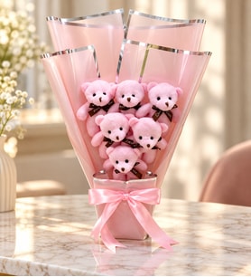 6lı Pembe Peluş Ayıcık Buketi Eşe Arkadaşa Sevgiliye Hediye Anneler Günü