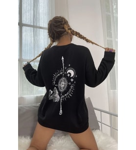 Unisex Pusula Sırt Baskılı Bisiklet Yaka Sweatshirt (Siyah)