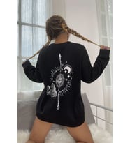 Unisex Pusula Sırt Baskılı Bisiklet Yaka Sweatshirt (Siyah)
