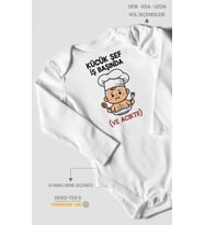 Küçük Şef İş Başında (Ve Acıktı) Baskılı Bebek Zıbını – Çıtçıtlı Body 8 Renk  %100 Pamuk Uzun Kol (Beyaz)