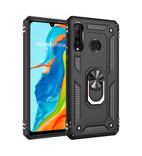 Huawei P30 Lite Uyumlu Kılıf Standlı Manyetik Yüzüklü Military Magnetic Ring Polycarbonate and TPU Case (Siyah)