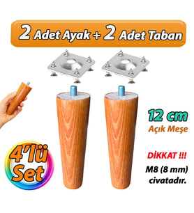 Ahşap Ayak 12 Cm 4'lü Set Açık Meşe M8 Civatalı Bağlantı Aparatlı Dolap Mobilya Koltuk Kanepe Destek Ayağı Ayakları