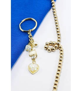 Necef Taşlı İncili Parlak Taşlı Gold Renkli Metal Kedicik Anahtarlık, Sevimli Minik Charm