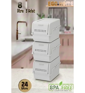 3'lü 8 lt ve 24 lt Gri Sebzelik ve Organizer Seti