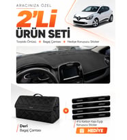 RENAULT CLIO 4 (2012-2019) Uyumlu Torpido Örtüsü + Deri Bagaj Çantası + Sticker Seti - Siyah
